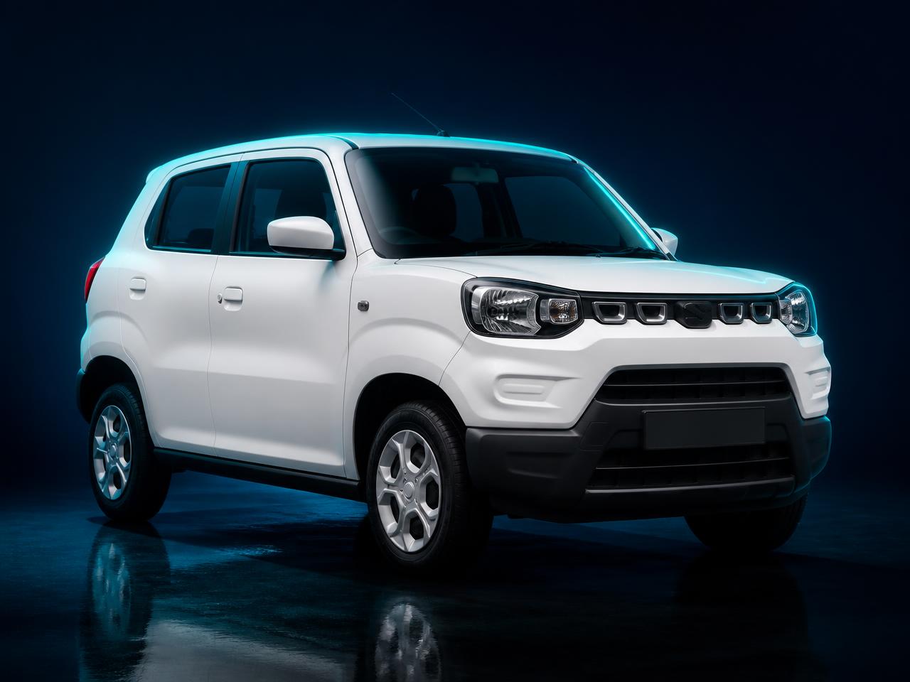 Viatura branca da RuCoKev Rent a Car em estúdio com iluminação turquesa